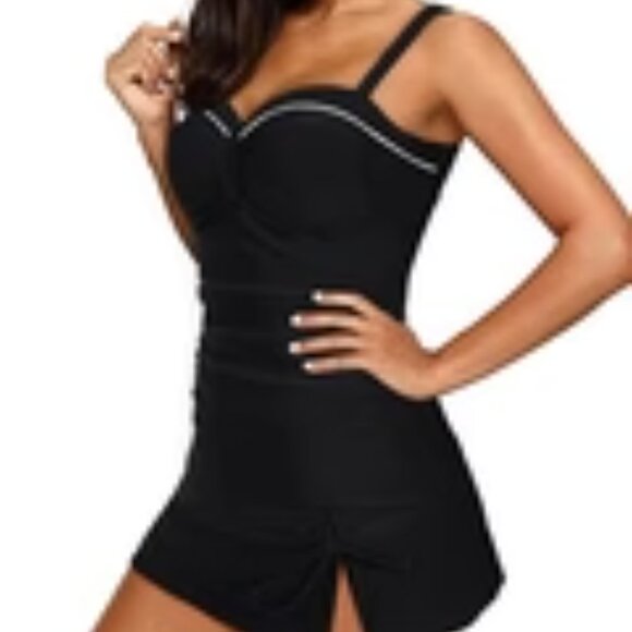 YONIQUE BLACK WHITE TRIM SWEETHEART NECKLINE RUCHED TANKINI SWIM TOP SIZE XL NWT - Picture 4 of 4
